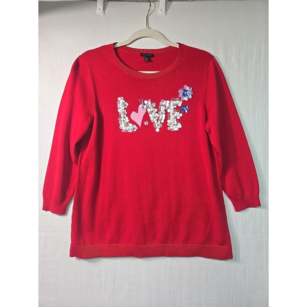 Talbots Women's Medium Red Knit Sweater w Bead LOVE Design‎ Heart 3/4 Sleevea